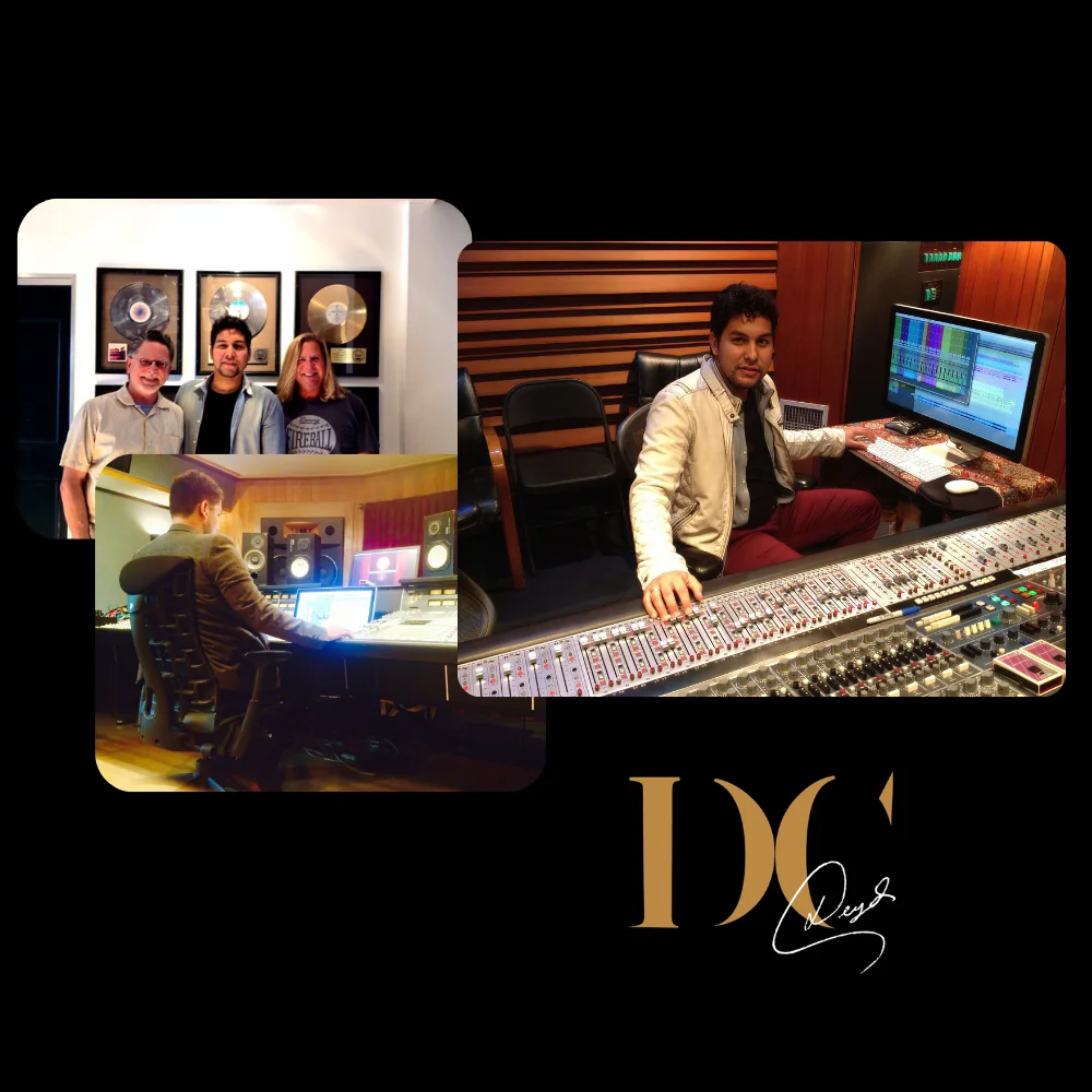 Deyder Cintron in the studio and with gold and platinum records